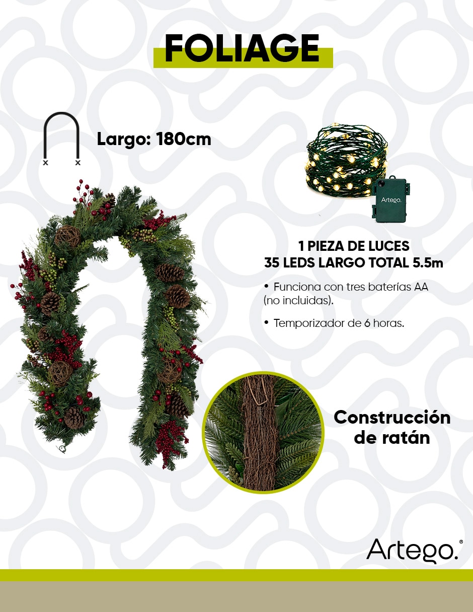 Guirnalda 2 tipo de rama diferente pe & pvc con esfera 180cm 6